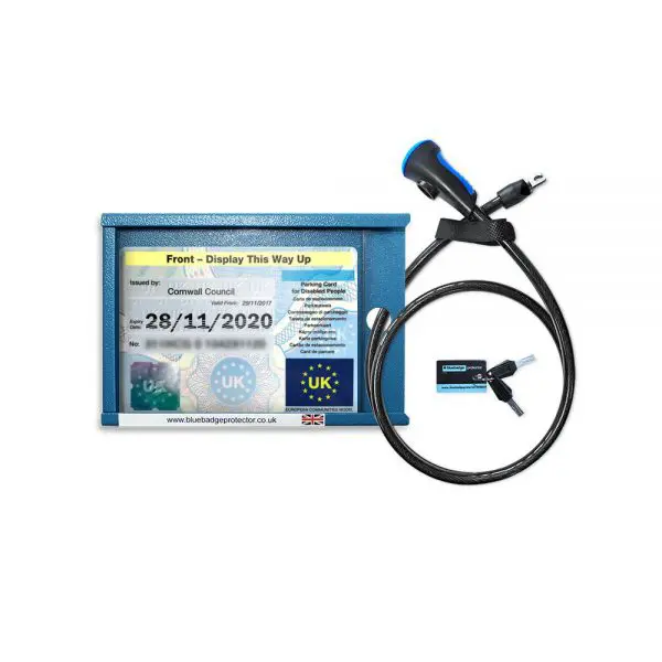 The Blue Badge Protector is a set that includes a UK disabled parking permit holder case with an attached locking cable and two keys.