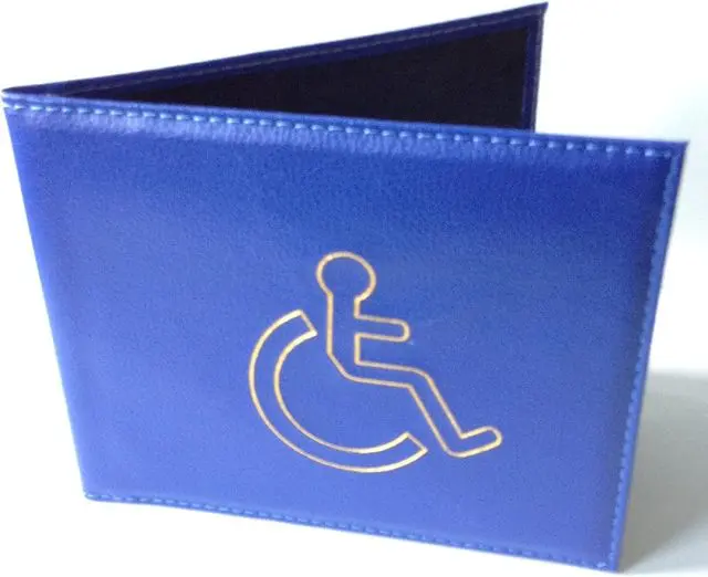 The Blue Badge Holders is a blue wallet with a gold wheelchair accessibility symbol outlined on the front.