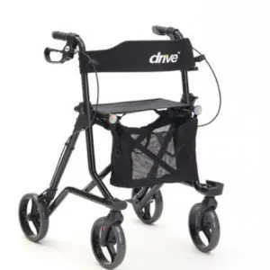 The Drive Torro Rollator is a black, lightweight walking frame with four wheels, a padded backrest, hand brakes, and a mesh storage bag under the seat.
