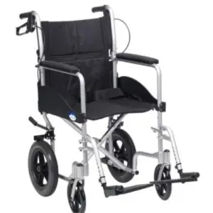 The Drive Expedition Transit Wheelchair is a lightweight, foldable manual wheelchair featuring a black seat and backrest, large rear wheels, and small front wheels.