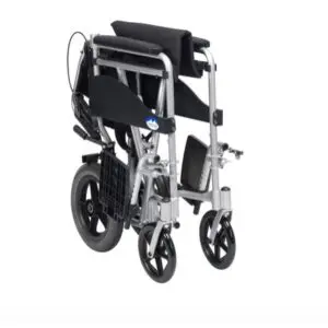 The Drive Expedition Transit Wheelchair, featuring a compact black and silver frame, is shown folded for easy storage or transport against a white background.