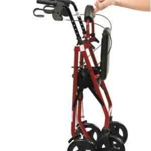 A person folds the Lightweight Aluminium Rollator by pulling a strap, demonstrating the walking frame in a compact, upright position.
