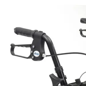 Close-up view of the Lightweight Aluminium Rollator's black handle with a brake lever, connecting cable, and "drive" logo.
