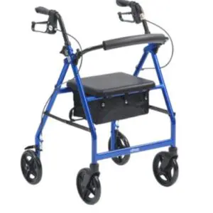 The Lightweight Aluminium Rollator is a blue, four-wheeled walking frame featuring a padded seat, storage pouch, and hand brakes on the handles.