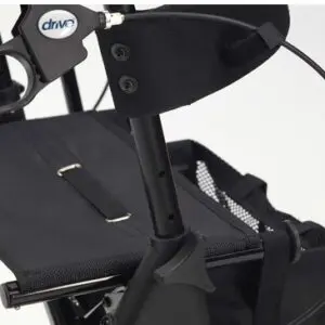 Close-up of the Drive Torro Rollator's black frame with mesh seat, storage pouch, adjustment holes, and a "drive" branded handbrake lever.