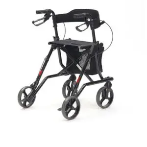 The Drive Torro Rollator, shown against a white background, is a black walking frame featuring four wheels, hand brakes, a padded seat, and a storage pouch.