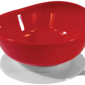 The Aidapt Large Scoop Bowl, a red plastic bowl with a rounded, asymmetrical design, is shown on a white suction base against a plain white background.