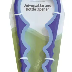 The Aidapt Universal 4-1 Jar and Bottle Opener comes in purple packaging and features contoured grip handles for easily opening jars and bottles.