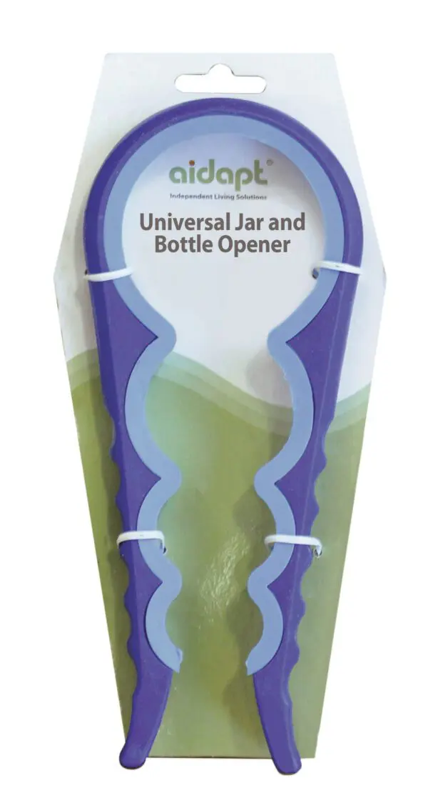 The Aidapt Universal 4-1 Jar and Bottle Opener comes in purple packaging and features contoured grip handles for easily opening jars and bottles.