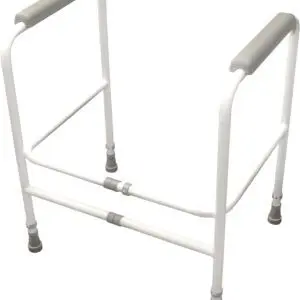 The Broadstairs Toilet Frame with Adjustable Height and Width features a white metal safety frame with padded armrests, designed to assist users with sitting and standing when placed around a toilet.