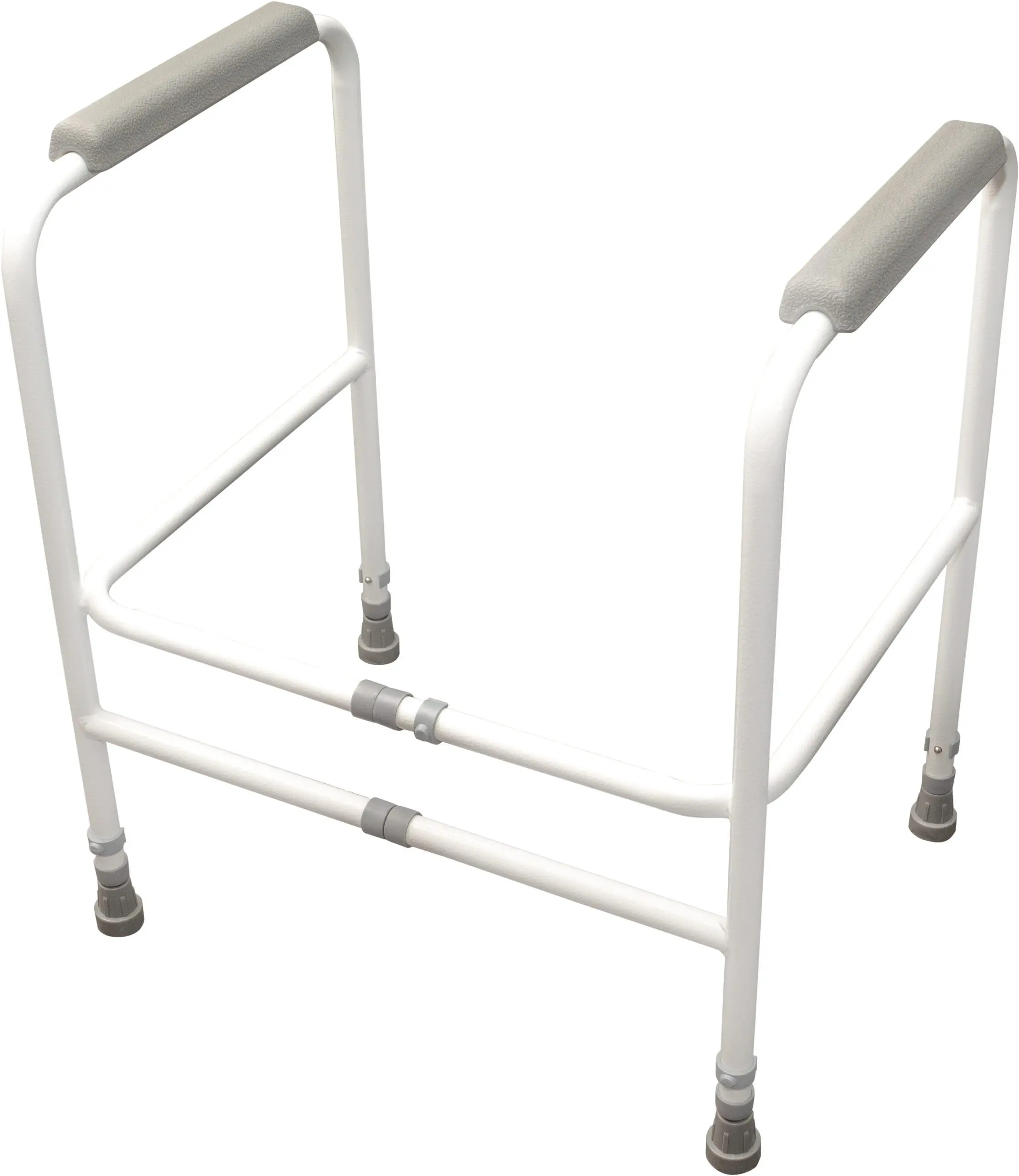 The Broadstairs Toilet Frame with Adjustable Height and Width features a white metal safety frame with padded armrests, designed to assist users with sitting and standing when placed around a toilet.