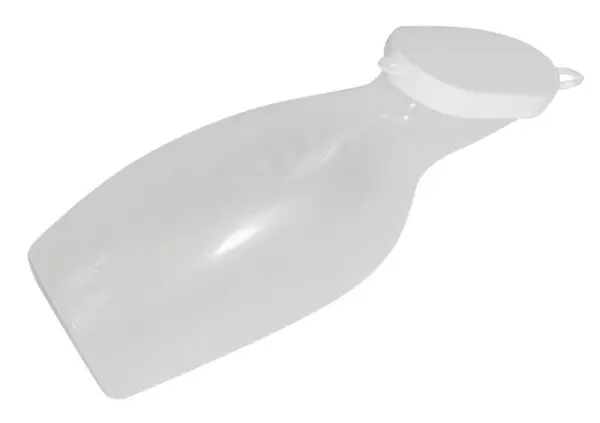 The Aidapt Female Portable Urinal is a translucent plastic bottle with a white snap-on lid, ideal for medical or personal use.