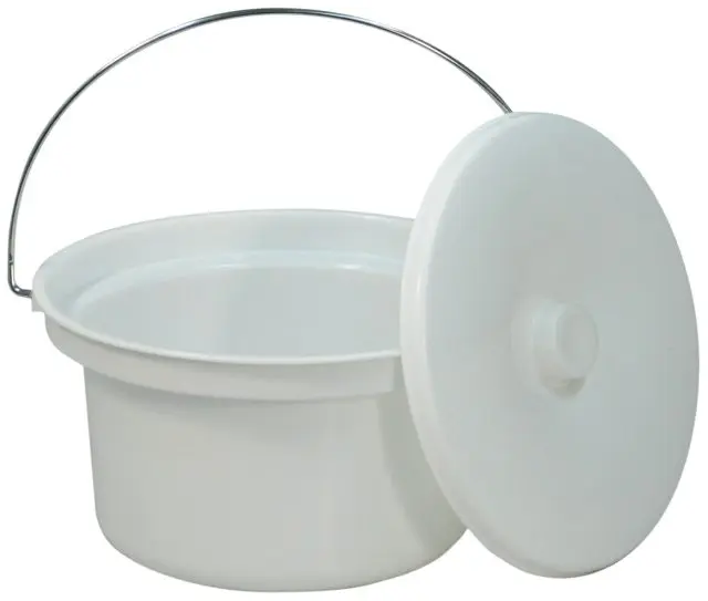 A Commode Bucket (Spares) made of white plastic with a metal handle and a matching lid set at an angle beside the bucket.