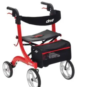 The Nitro Rollators is a red four-wheeled walking frame with a black seat, storage pouch, hand brakes, and "drive" labelled on the backrest.
