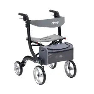 The Nitro Rollators is a four-wheeled walker featuring a seat, backrest, hand brakes, and a front storage pouch.