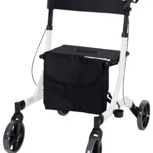The Deluxe Ultra Lightweight Folding 4-Wheeled Rollator features a black seat, storage bag, hand brakes, and a lightweight design.