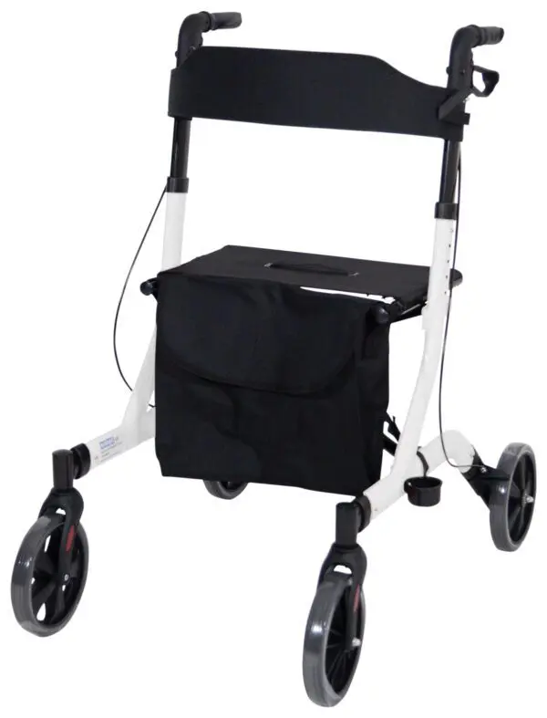 The Deluxe Ultra Lightweight Folding 4-Wheeled Rollator features a black seat, storage bag, hand brakes, and a lightweight design.