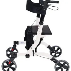 The Deluxe Ultra Lightweight Folding 4 Wheeled Rollator is shown in a side profile view, featuring four wheels, handlebars with brakes, a seat, and a storage pouch beneath the seat.