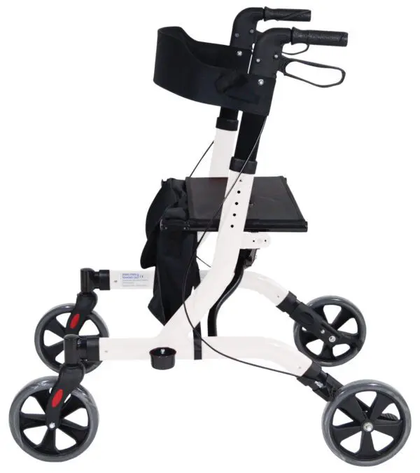 The Deluxe Ultra Lightweight Folding 4 Wheeled Rollator is shown in a side profile view, featuring four wheels, handlebars with brakes, a seat, and a storage pouch beneath the seat.