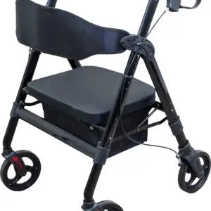 The Deluxe Bariatric Rollator is a black, four-wheeled walking frame with a padded seat, backrest, storage compartment, and hand brakes.