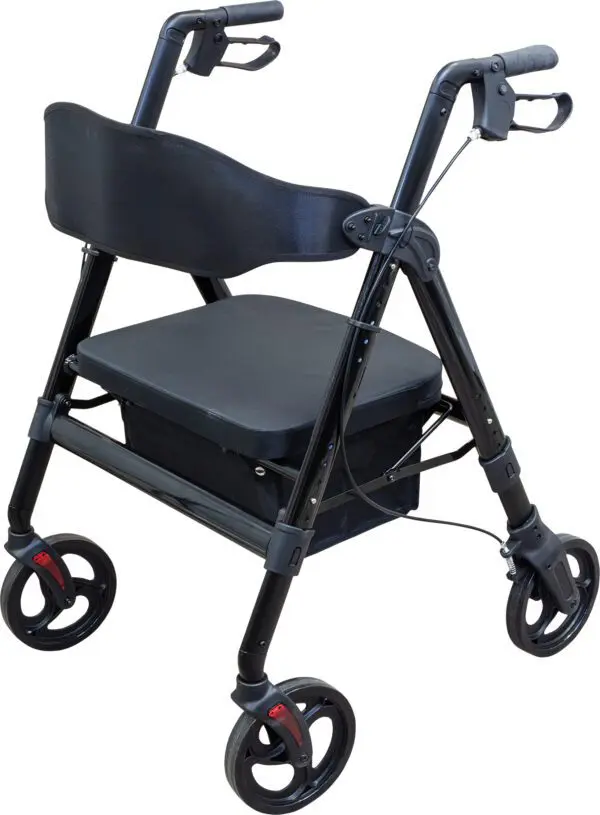 The Deluxe Bariatric Rollator is a black, four-wheeled walking frame with a padded seat, backrest, storage compartment, and hand brakes.