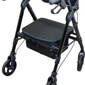 The Deluxe Bariatric Rollator is a black mobility walker featuring four wheels, a padded seat, backrest, hand brakes, and an under-seat storage pouch.