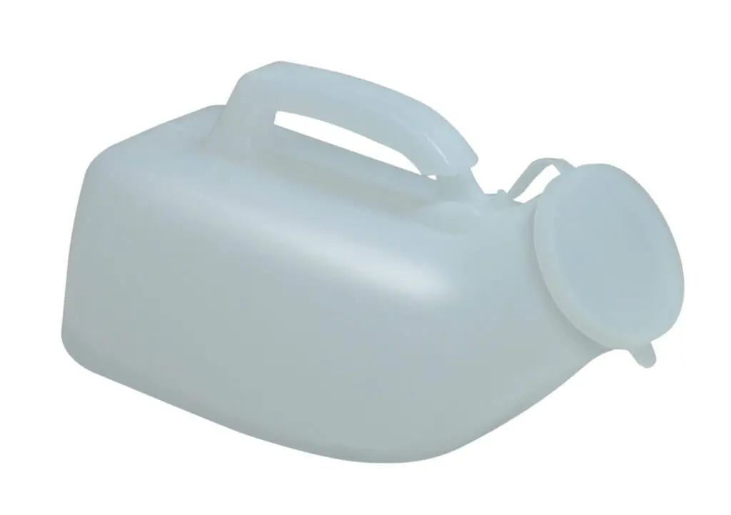 Male Portable Urinal—translucent plastic design with a handle and hinged lid, suitable for medical or personal use.