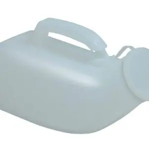 Male Portable Urinal—translucent plastic design with a handle and hinged lid, suitable for medical or personal use.