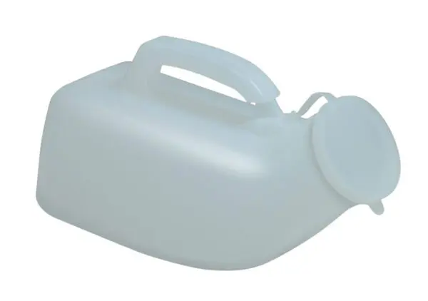 Male Portable Urinal—translucent plastic design with a handle and hinged lid, suitable for medical or personal use.