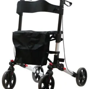 The Deluxe Fold Flat Rollator is a four-wheeled walking frame featuring a black seat, backrest, storage pouch, and hand brakes for mobility assistance.