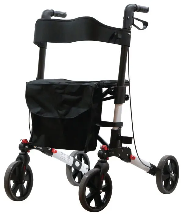 The Deluxe Fold Flat Rollator is a four-wheeled walking frame featuring a black seat, backrest, storage pouch, and hand brakes for mobility assistance.