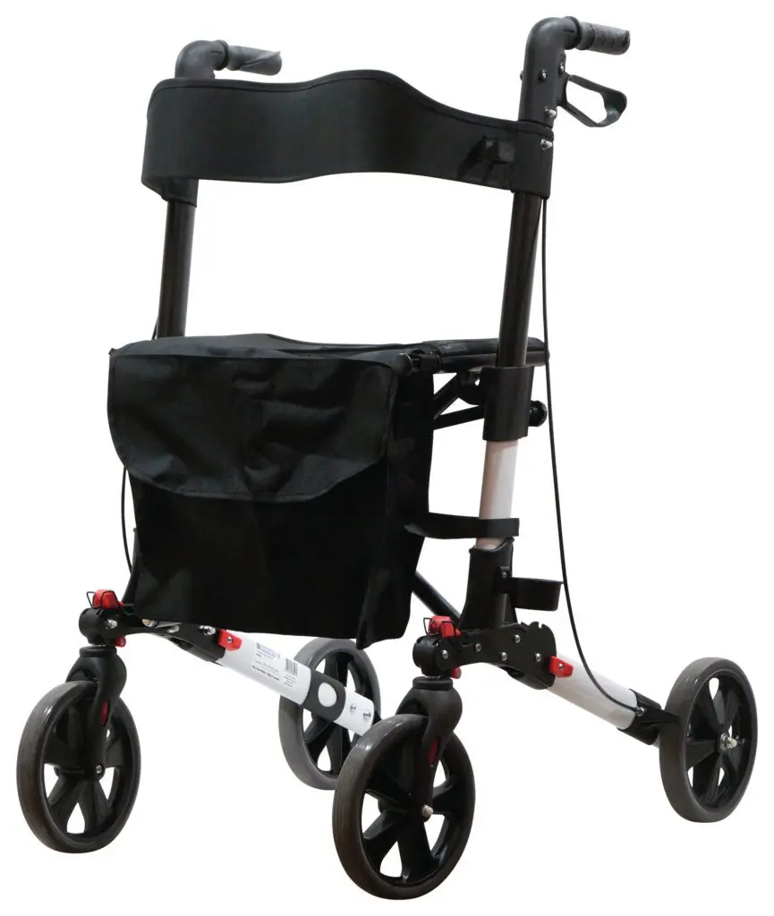 The Deluxe Fold Flat Rollator is a four-wheeled walking frame featuring a black seat, backrest, storage pouch, and hand brakes for mobility assistance.