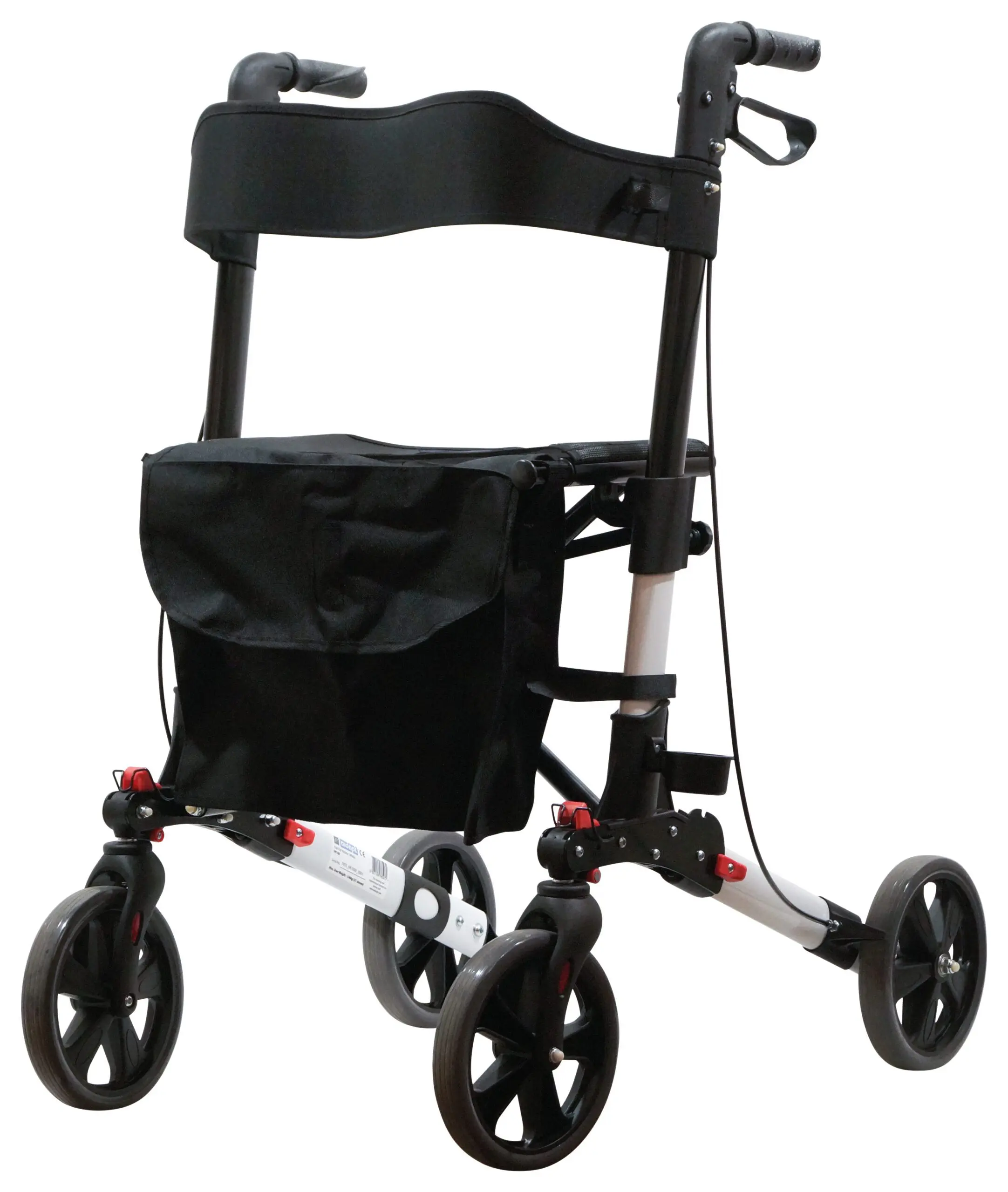 The Deluxe Fold Flat Rollator is a four-wheeled walking frame featuring a black seat, backrest, storage pouch, and hand brakes for mobility assistance.