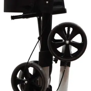 The Deluxe Fold Flat Rollator is a black and silver walking frame featuring two large front wheels and two smaller rear wheels, designed to stand upright in a compact, foldable position.