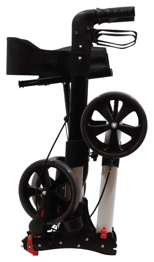 The Deluxe Fold Flat Rollator is a black and silver walking frame featuring two large front wheels and two smaller rear wheels, designed to stand upright in a compact, foldable position.