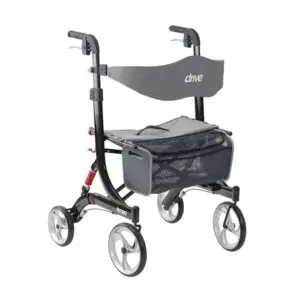 The Nitro Rollators is a black and grey four-wheeled rollator walker with a seat, backrest, storage pouch, and hand brakes.
