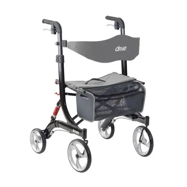 The Nitro Rollators is a black and grey four-wheeled rollator walker with a seat, backrest, storage pouch, and hand brakes.