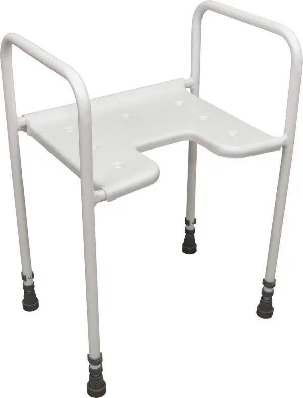 The Dartford Height Adjustable Shower Chair features a white metal frame with four legs, a moulded seat with drainage holes, and two side support handles.
