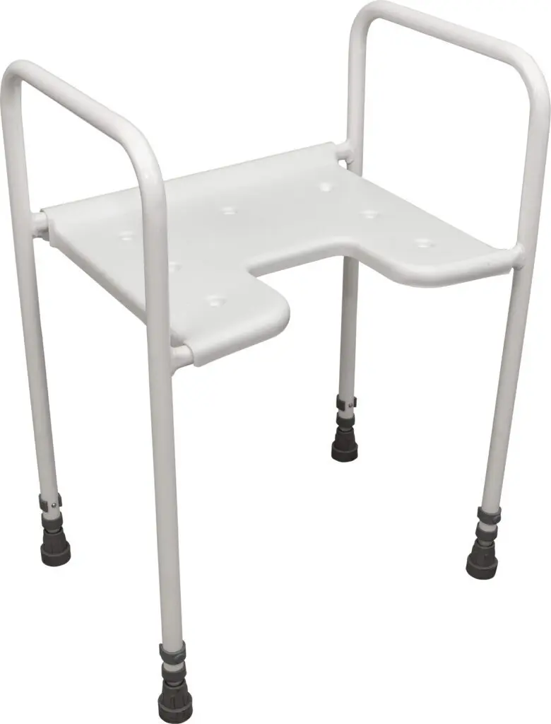 The Dartford Height Adjustable Shower Chair features a white metal frame with four legs, a moulded seat with drainage holes, and two side support handles.