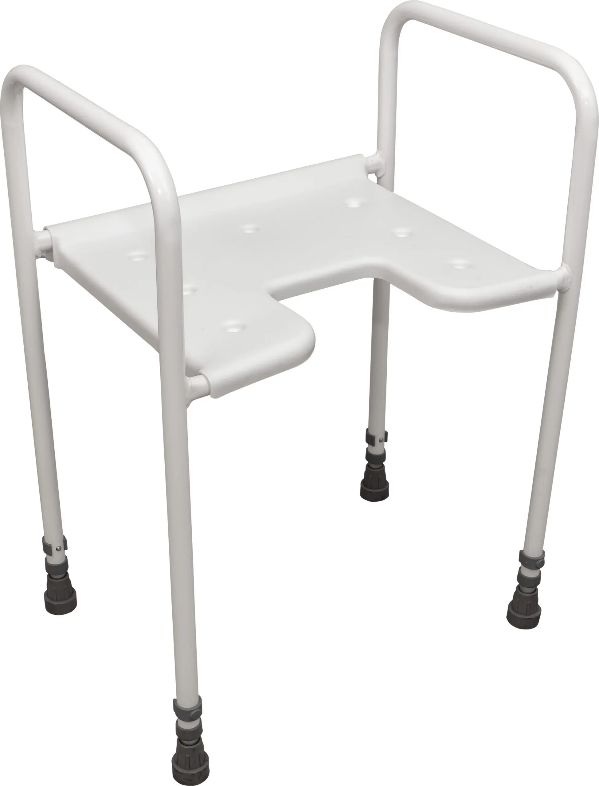 The Dartford Height Adjustable Shower Chair features a white metal frame with four legs, a moulded seat with drainage holes, and two side support handles.