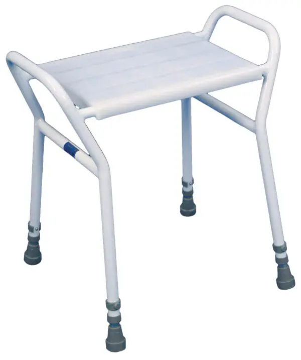 The Strood Height Adjustable Shower Stool is a white metal chair with four legs, rubber feet, and two side handles.