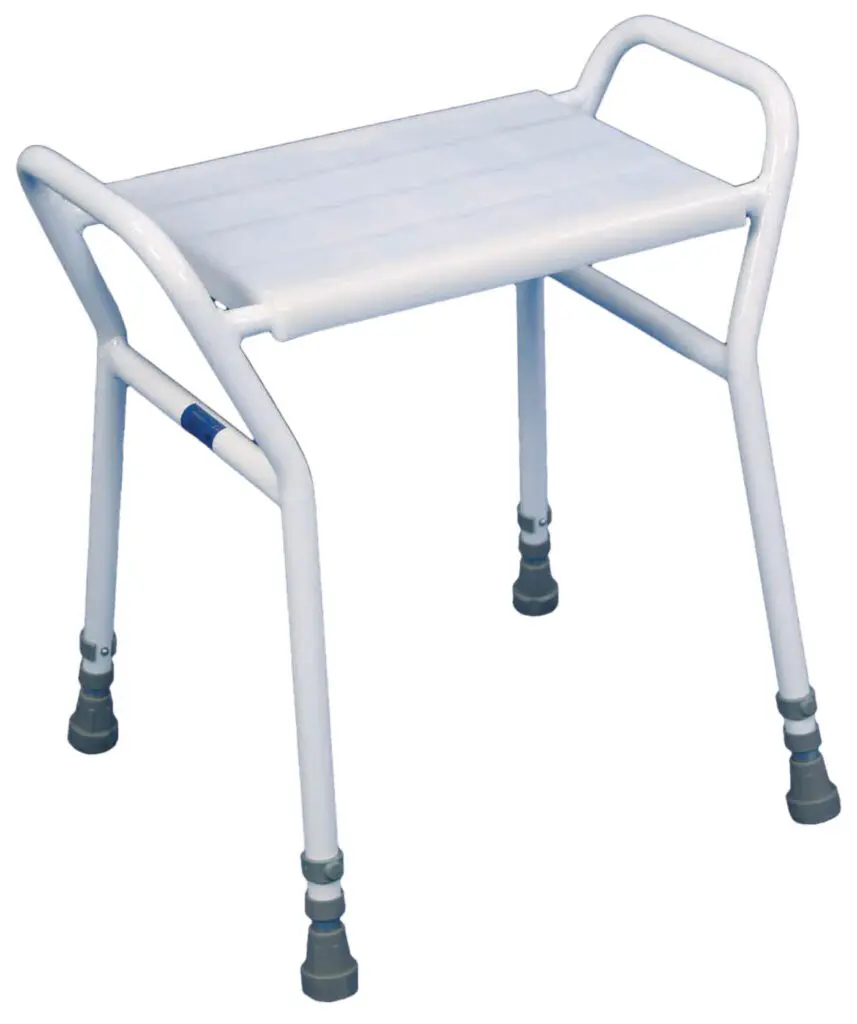 The Strood Height Adjustable Shower Stool is a white metal chair with four legs, rubber feet, and two side handles.