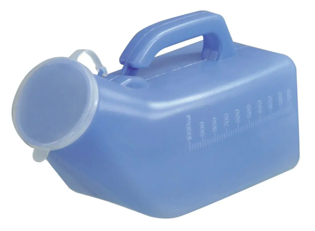 The Male Portable Urinal is blue plastic with a handle, flip-top lid, and volume measurements marked on the side.
