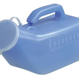 The Male Portable Urinal is blue plastic with a handle, flip-top lid, and volume measurements marked on the side.