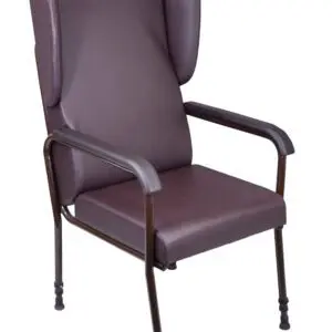 The Chelsfield Height Adjustable Chair is a high-backed, brown upholstered armchair featuring winged sides, a metal frame, and rubber-tipped legs.