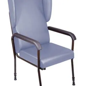 The Chelsfield Height Adjustable Chair features a high back with padded blue seat and backrest, black metal frame, armrests, and extended sides on the backrest.