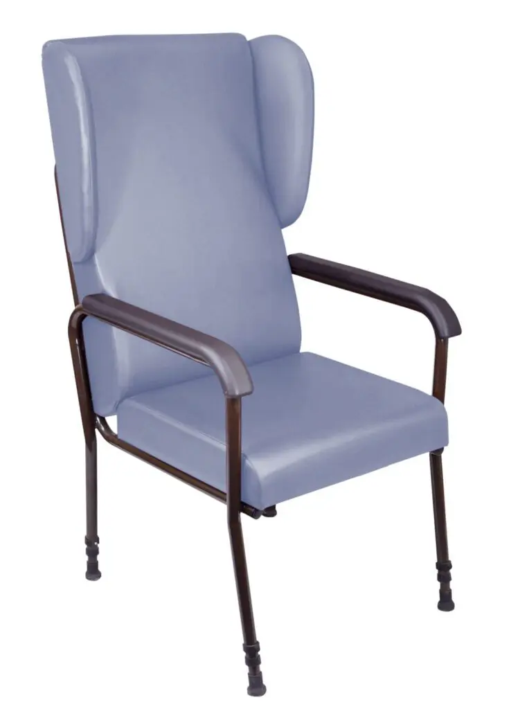 The Chelsfield Height Adjustable Chair features a high back with padded blue seat and backrest, black metal frame, armrests, and extended sides on the backrest.