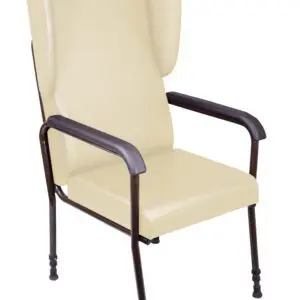 The Chelsfield Height Adjustable Chair is beige with a high back, winged sides, metal armrests, and four sturdy legs fitted with rubber tips.