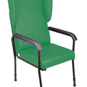 The Chelsfield Height Adjustable Chair is a green upholstered, high-backed chair with black metal armrests and legs, designed for support and comfort.