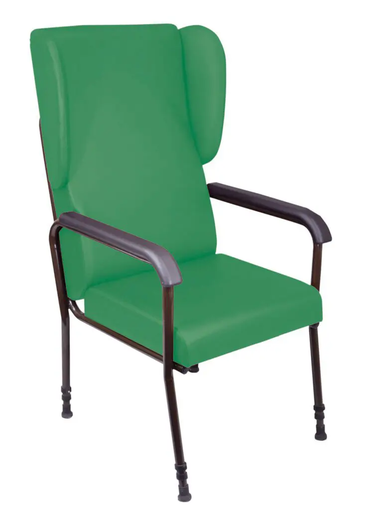 The Chelsfield Height Adjustable Chair is a green upholstered, high-backed chair with black metal armrests and legs, designed for support and comfort.